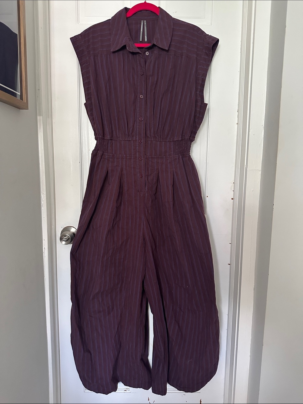 Anthropologie Sleeveless Pinstripe Jumpsuit in Plum